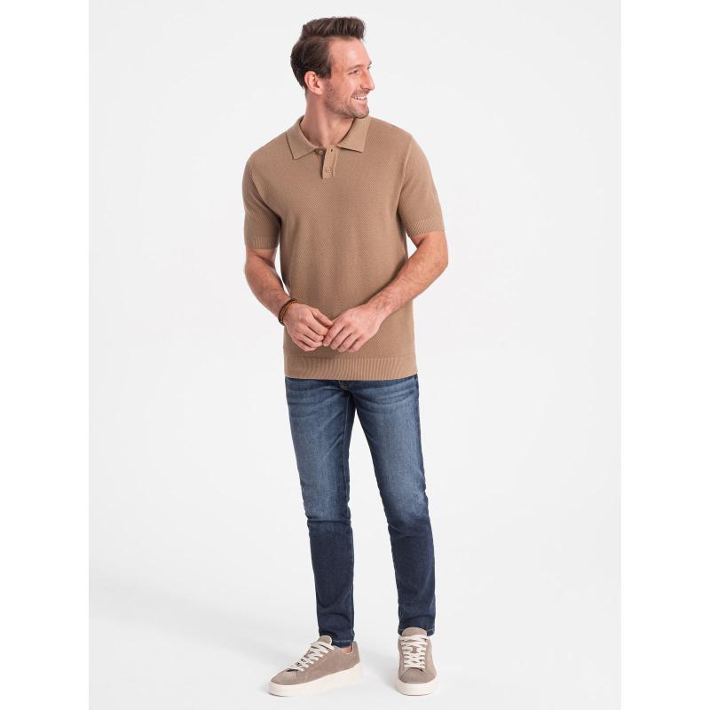 Férfi strukturált kötött pólóing V3 OM-POSS-0117 világosbarna