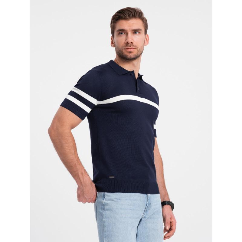 Pánská polokošile z měkkého úpletu s kontrastními pruhy  V2 OM-POSS-0118 tmavě modrá