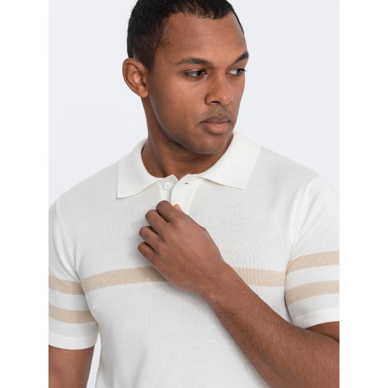 Pánská polokošile z měkkého úpletu s kontrastními pruhy V3 OM-POSS-0118 krémová 