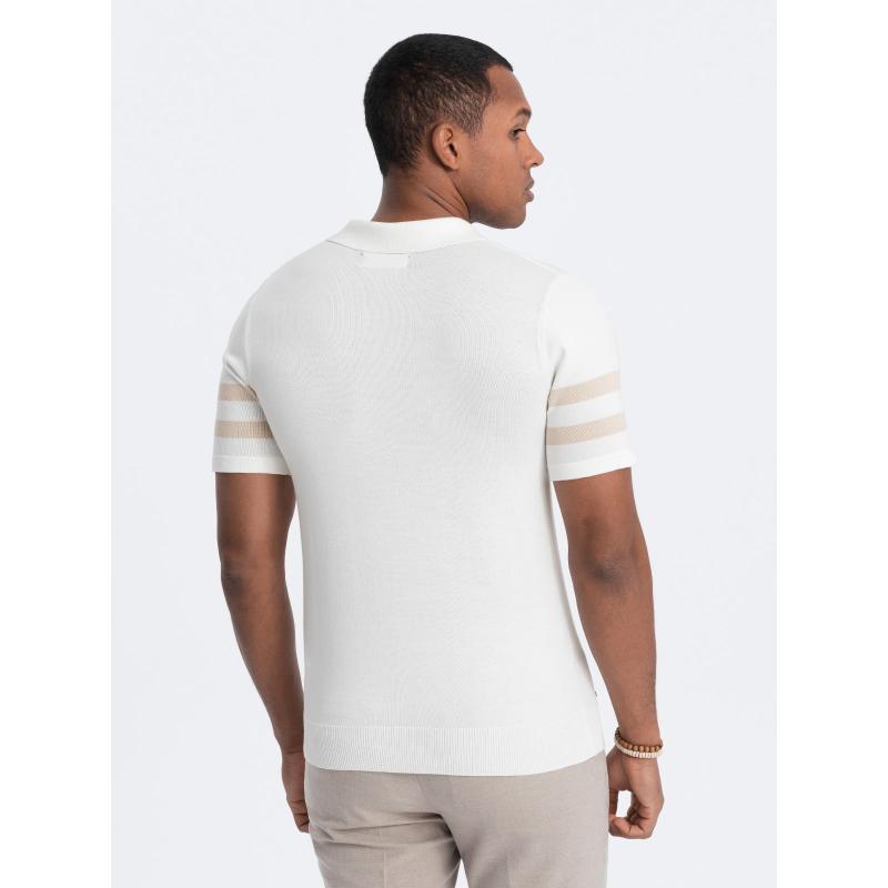 Pánská polokošile z měkkého úpletu s kontrastními pruhy V3 OM-POSS-0118 krémová 