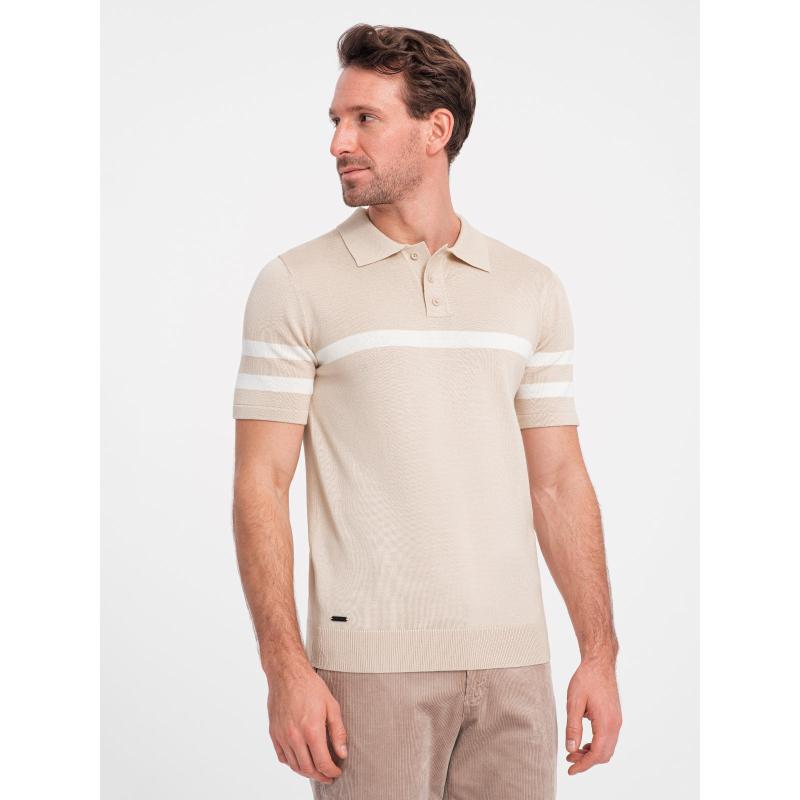 Pánská polokošile z měkkého úpletu s kontrastními pruhy V4 OM-POSS-0118 béžová 