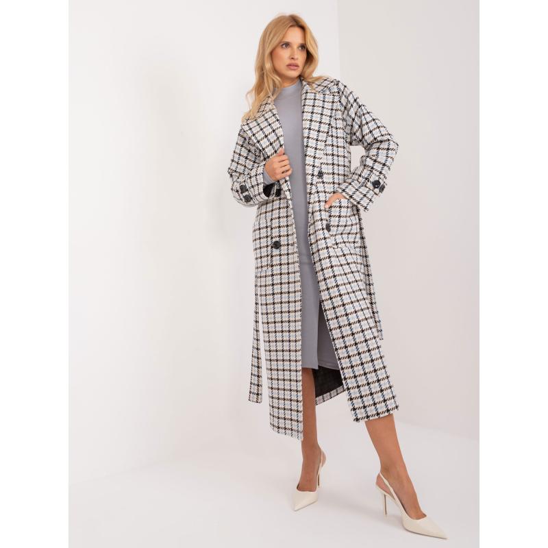 Dámský kabát s páskem DREA ecru a světle modrý 