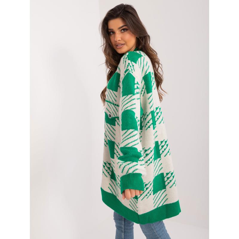 Dámský svetr s geometrickým vzorem oversize zeleno-béžový 