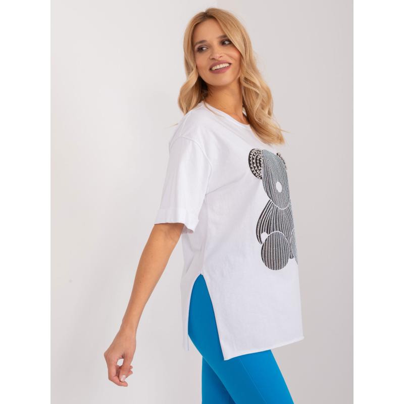 Női póló hasítékkal és applikációkkal fehér