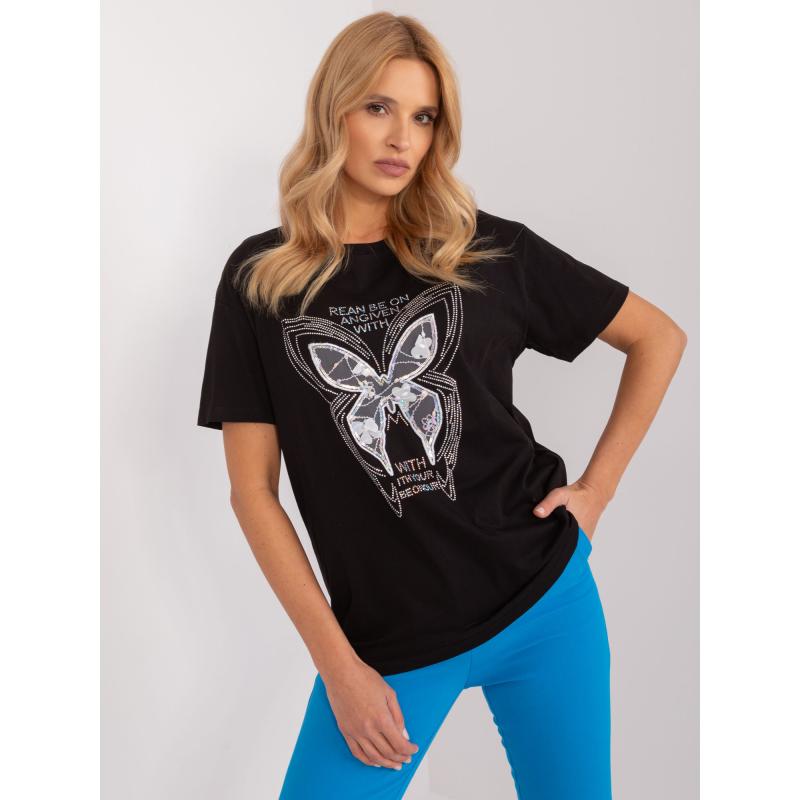 Női laza szabású póló strasszkövekkel fekete