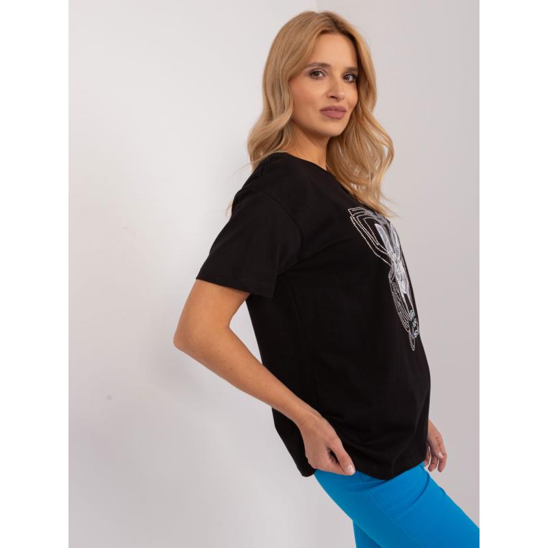 Női laza szabású póló strasszkövekkel fekete