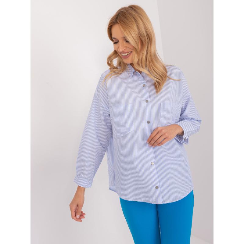 Dámské tričko s límečkem oversize světle modré a bílé