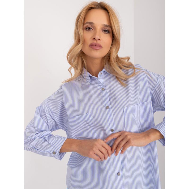 Dámské tričko s límečkem oversize světle modré a bílé