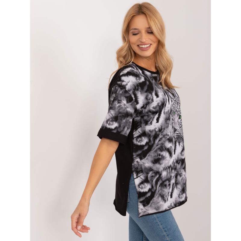 Női laza szabású póló állatmotívummal fekete