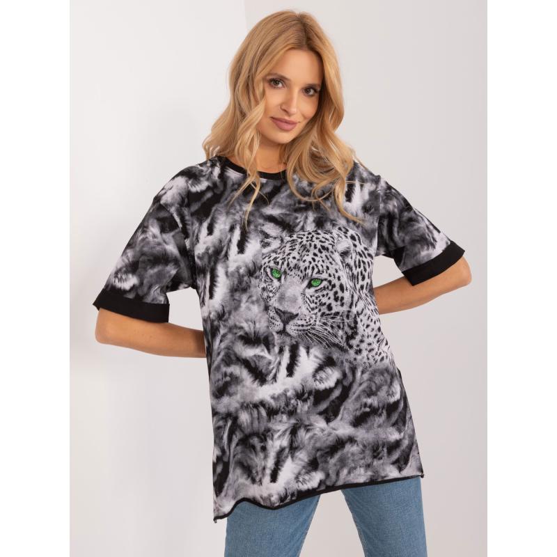 Női laza szabású póló állatmotívummal fekete