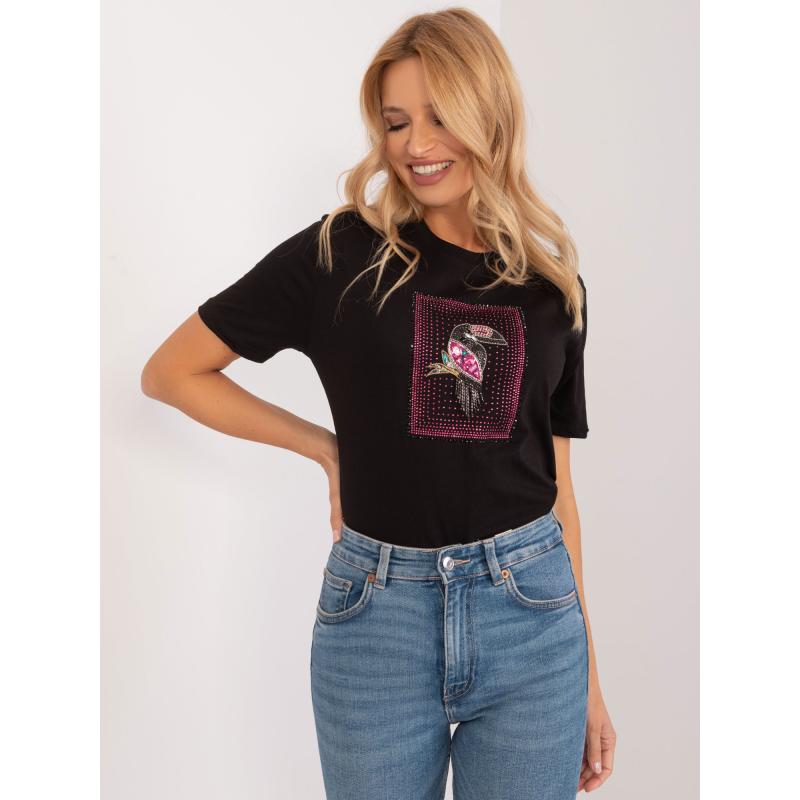 Női póló színes applikációval fekete