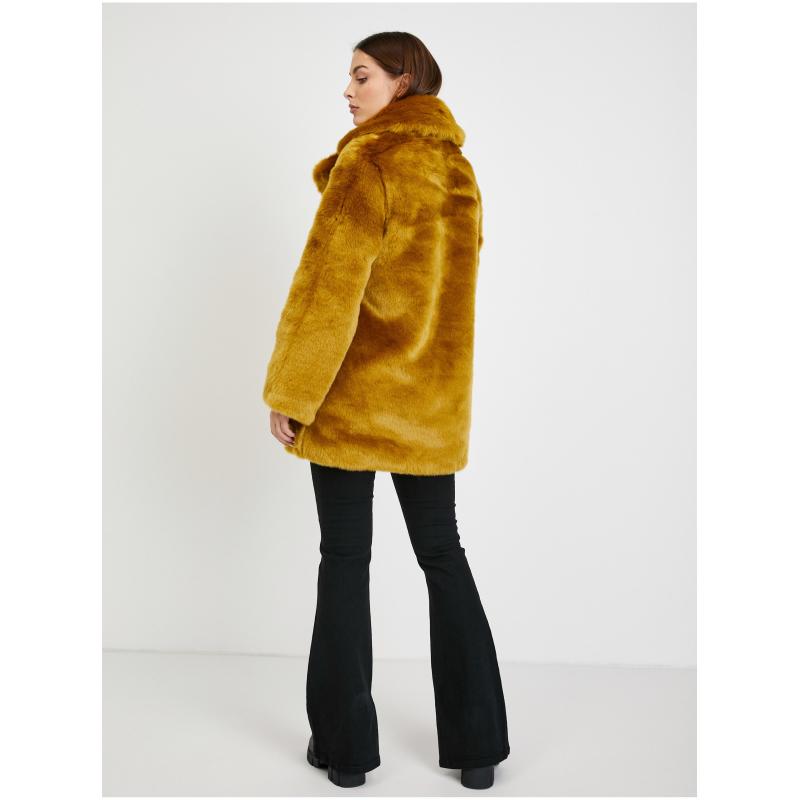 Hořčicový dámský kabát z umělé kožešiny