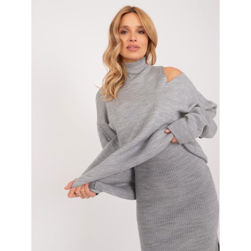 Dámský komplet s žebrovanými šaty šedý 