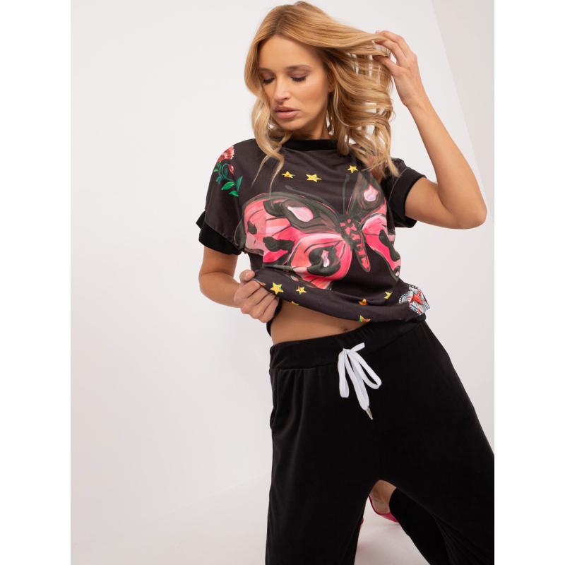 Dámský komplet s krátkým rukávem velurový RUE PARIS černý  