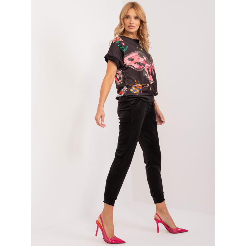 Dámský komplet s krátkým rukávem velurový RUE PARIS černý  