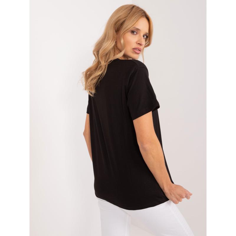 Női póló applikációval és felirattal fekete