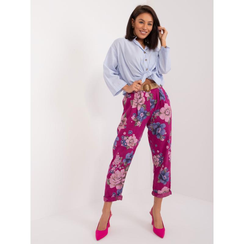 Dámské kalhoty ze lněné směsové látky fialové 