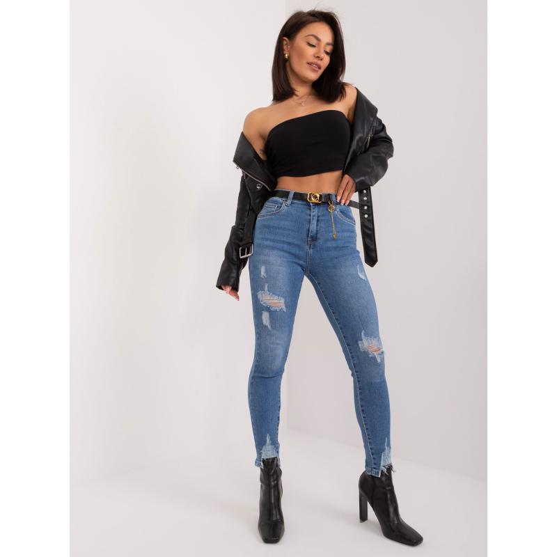 Dámské kalhoty s páskem vypasované džínové tmavě modré 