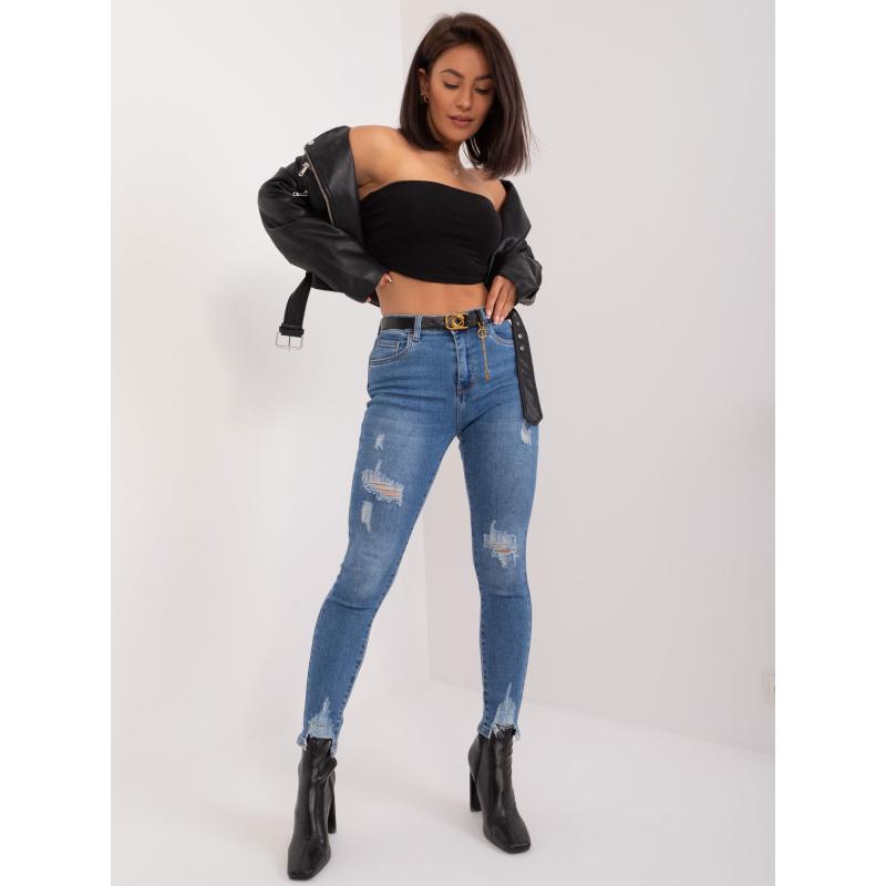 Dámské kalhoty s páskem vypasované džínové tmavě modré 