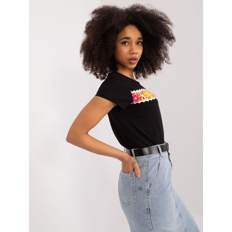 Női póló színes hímzéssel BASIC FEEL GOOD fekete