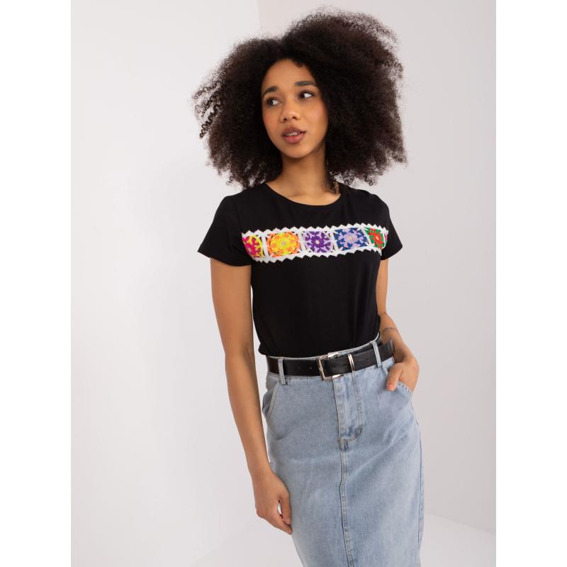 Női póló színes hímzéssel BASIC FEEL GOOD fekete