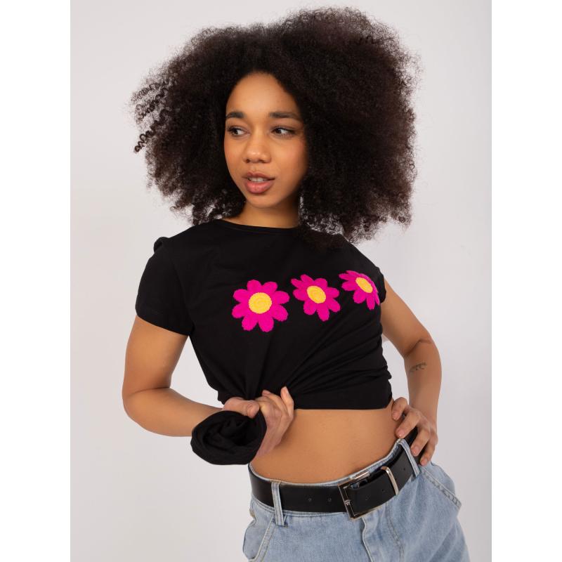 Női póló virágos hímzéssel BASIC FEEL GOOD fekete