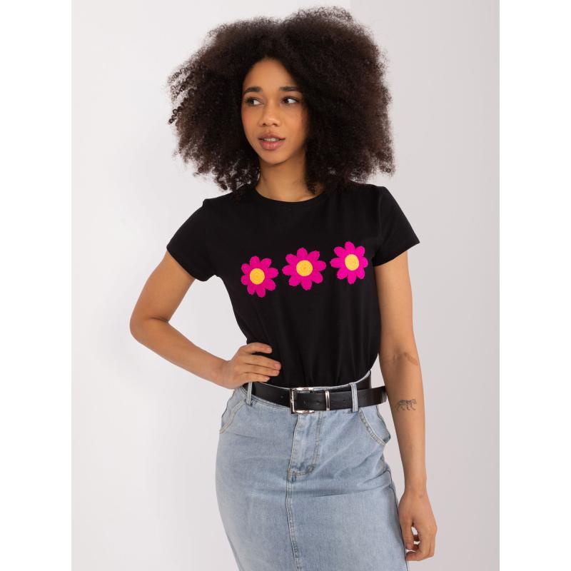 Dámské tričko s květinovou výšivkou BASIC FEEL GOOD černé 