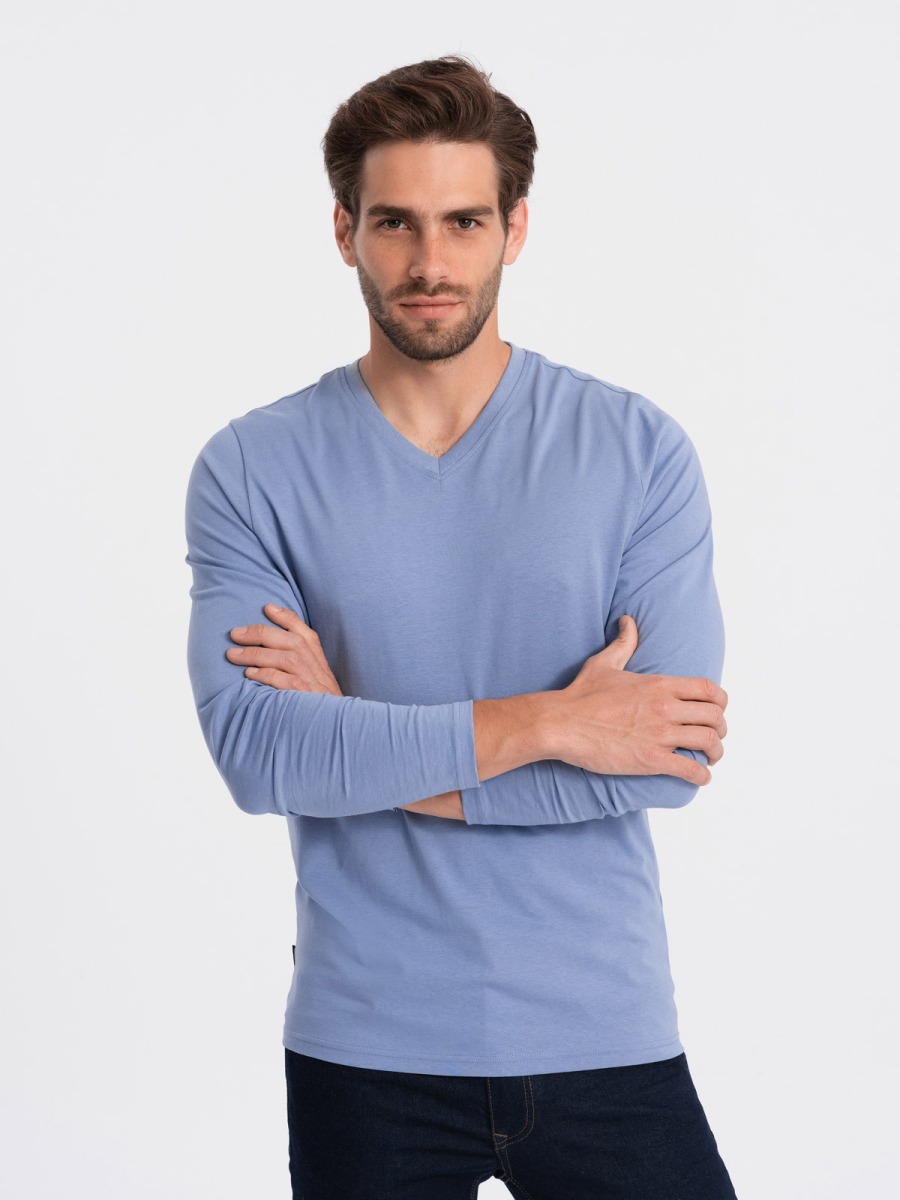 Férfi hosszú ujjú V-NECK nyomtatás nélküli világoskék
