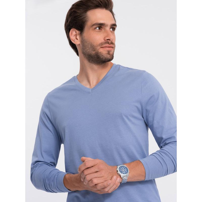 Pánské dlouhé rukávy V-NECK bez potisku světle modré