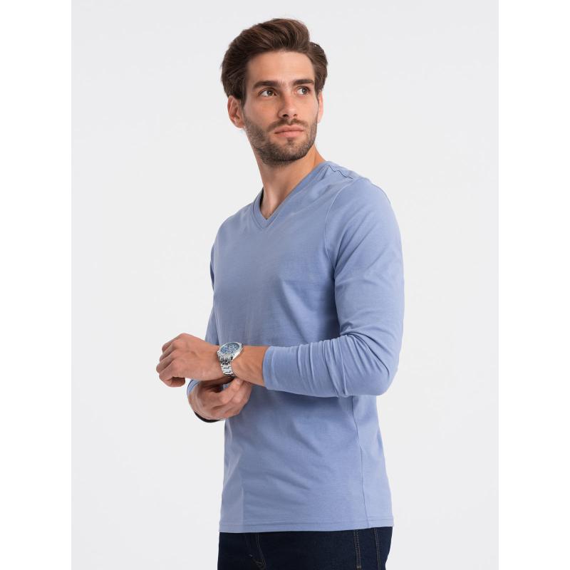 Pánské dlouhé rukávy V-NECK bez potisku světle modré