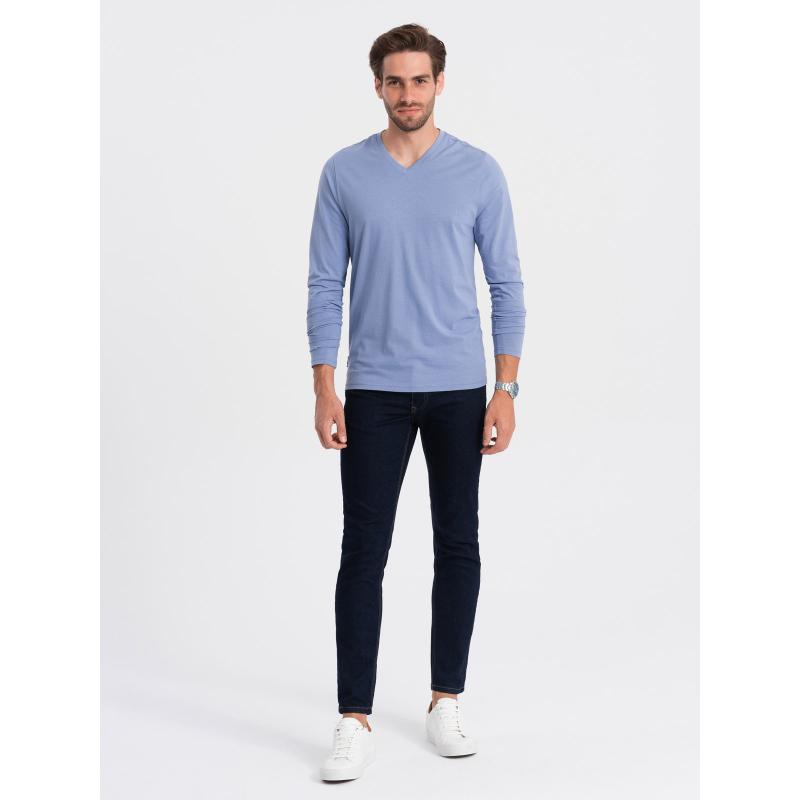 Pánské dlouhé rukávy V-NECK bez potisku světle modré