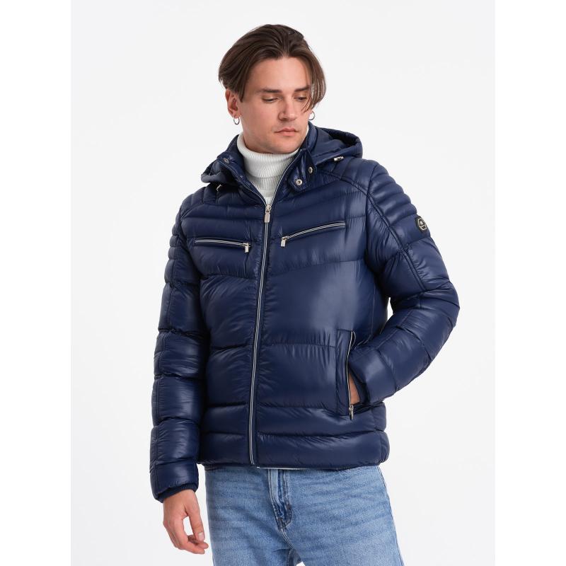 Pánská zimní prošívaná bunda s ozdobnými zipy  V2 OM-JAHP-22FW-010 tmavě modrá