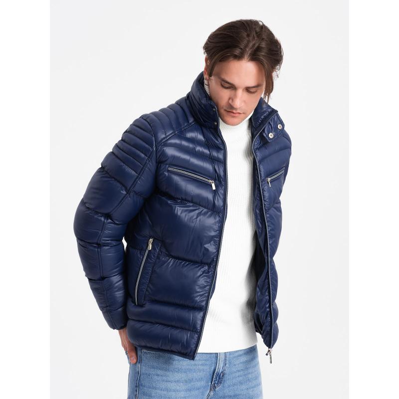 Pánská zimní prošívaná bunda s ozdobnými zipy  V2 OM-JAHP-22FW-010 tmavě modrá