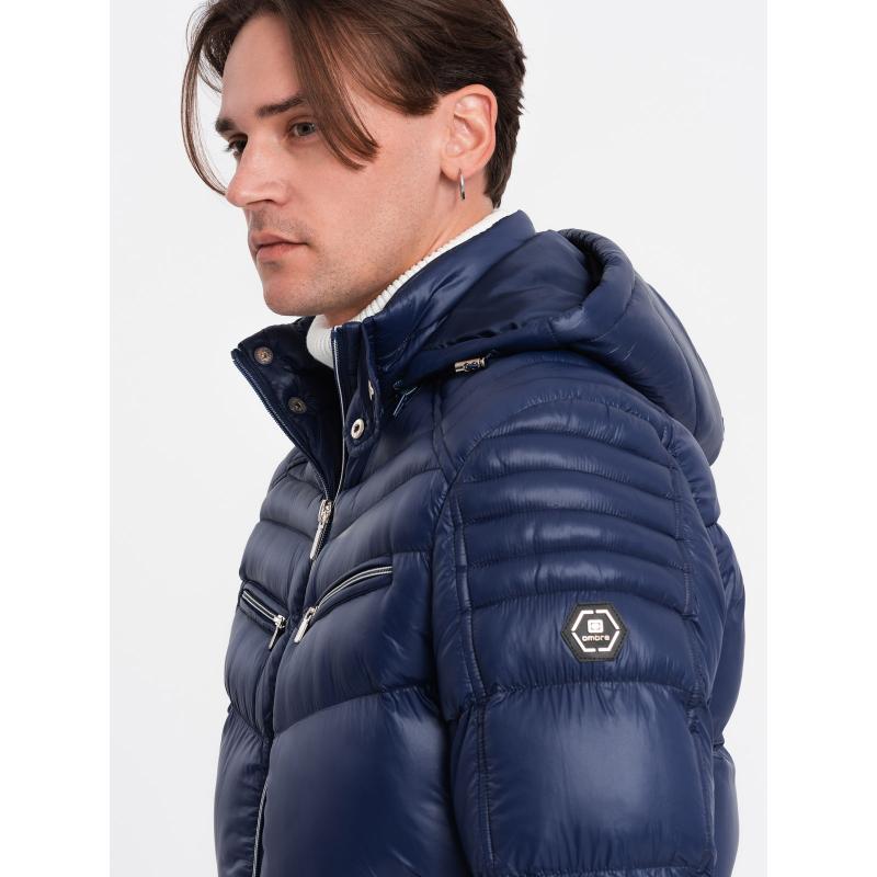 Pánská zimní prošívaná bunda s ozdobnými zipy  V2 OM-JAHP-22FW-010 tmavě modrá