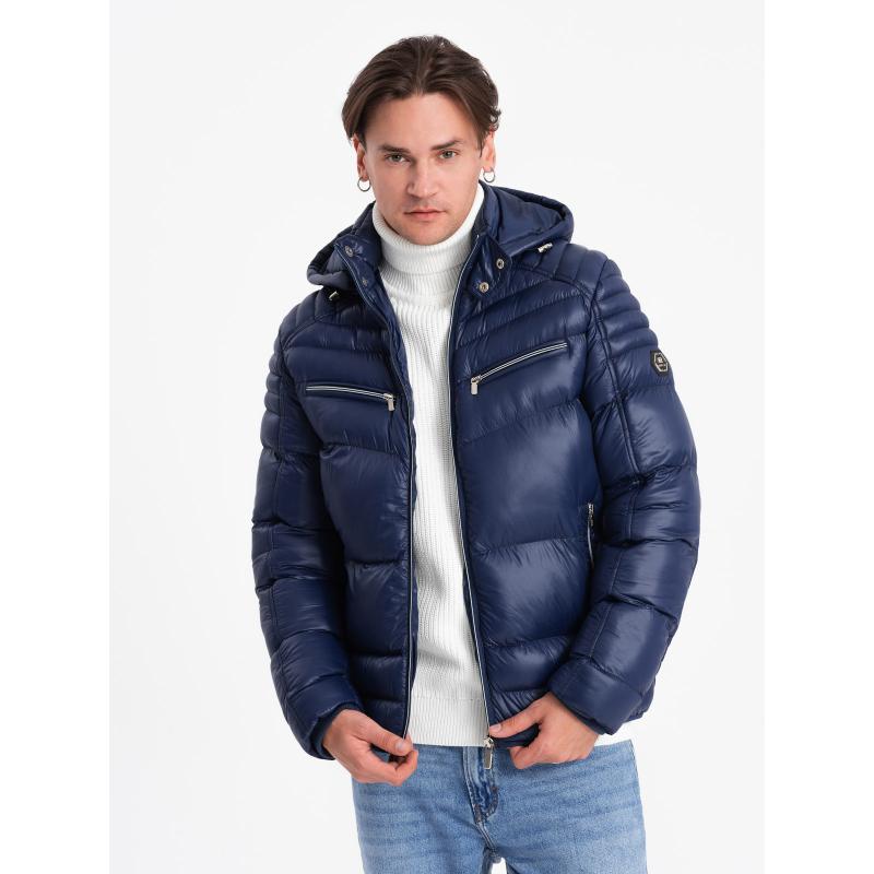 Pánská zimní prošívaná bunda s ozdobnými zipy  V2 OM-JAHP-22FW-010 tmavě modrá