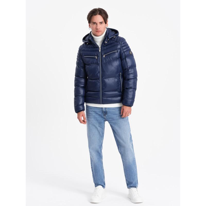 Pánská zimní prošívaná bunda s ozdobnými zipy  V2 OM-JAHP-22FW-010 tmavě modrá