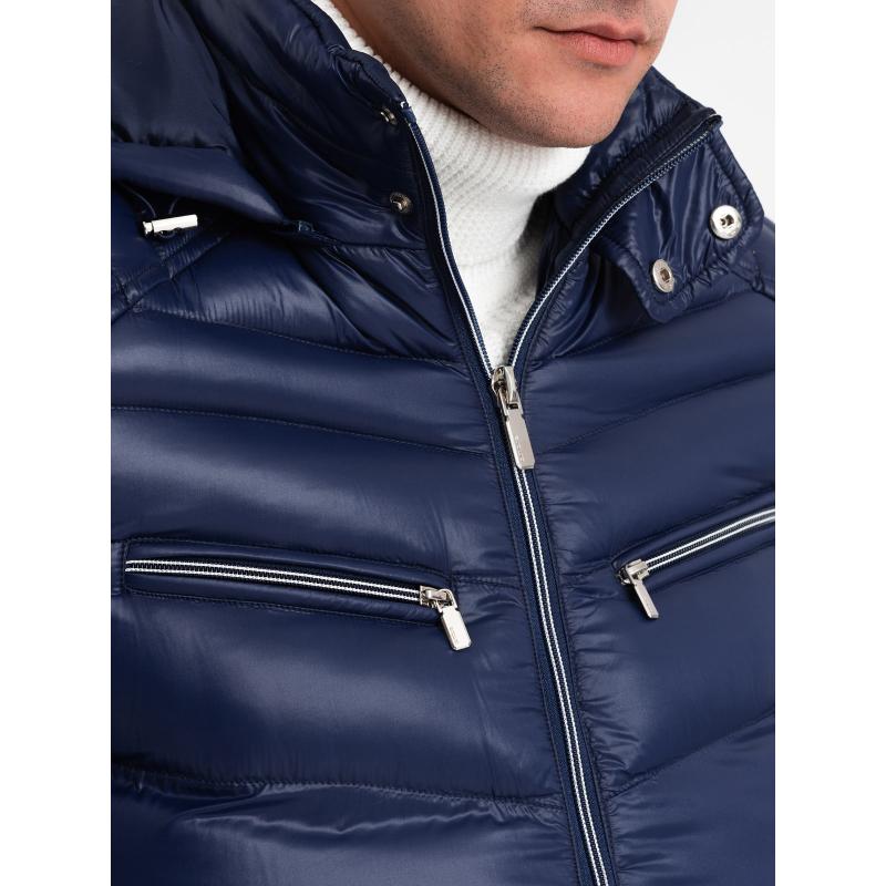 Pánská zimní prošívaná bunda s ozdobnými zipy  V2 OM-JAHP-22FW-010 tmavě modrá