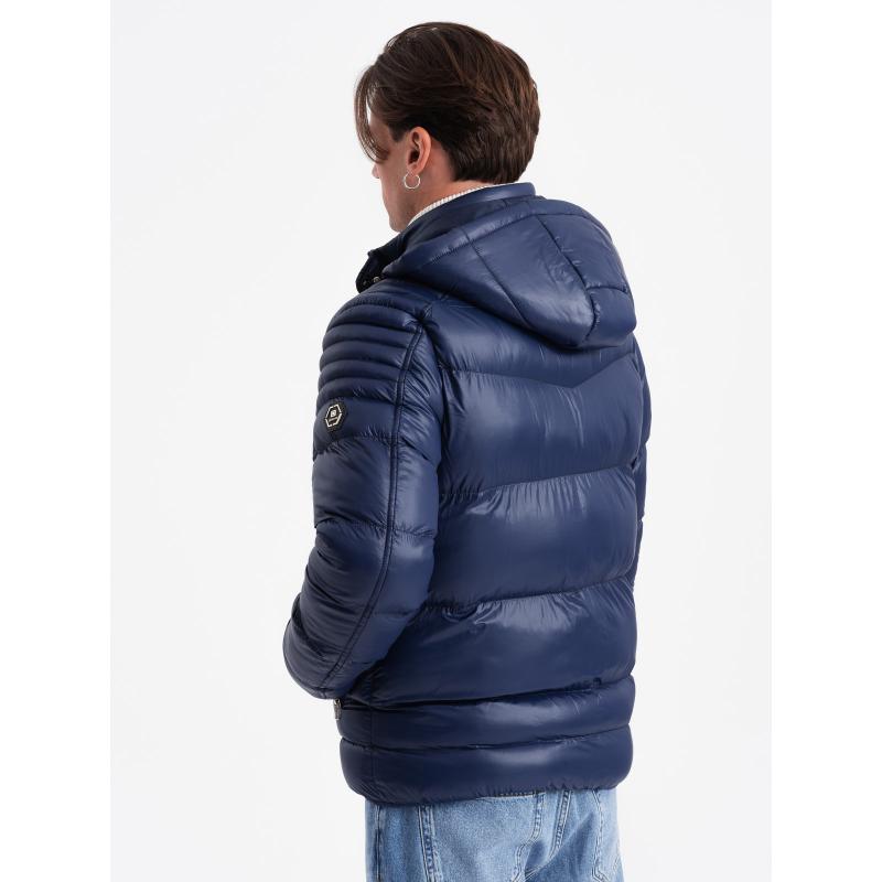 Pánská zimní prošívaná bunda s ozdobnými zipy  V2 OM-JAHP-22FW-010 tmavě modrá