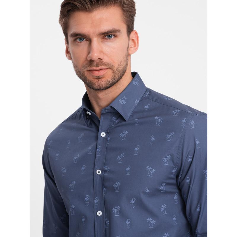 Pánská bavlněná košile SLIM FIT s palmami tmavě modrá