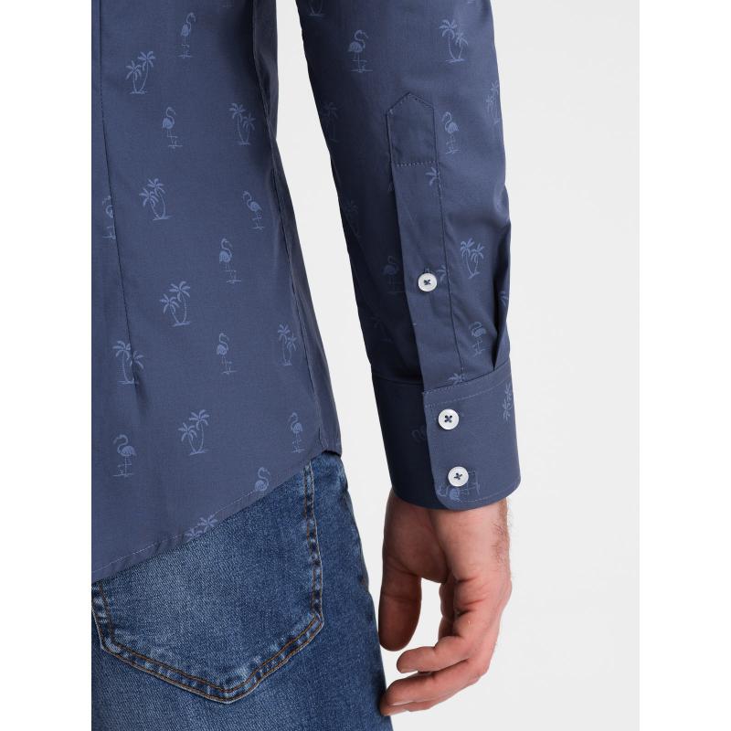 Pánská bavlněná košile SLIM FIT s palmami tmavě modrá