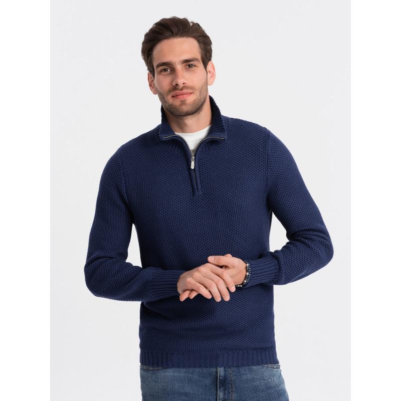 Pánsky pletený sveter s predĺženým golierom V7 OM-SWZS-0105 tmavomodrý