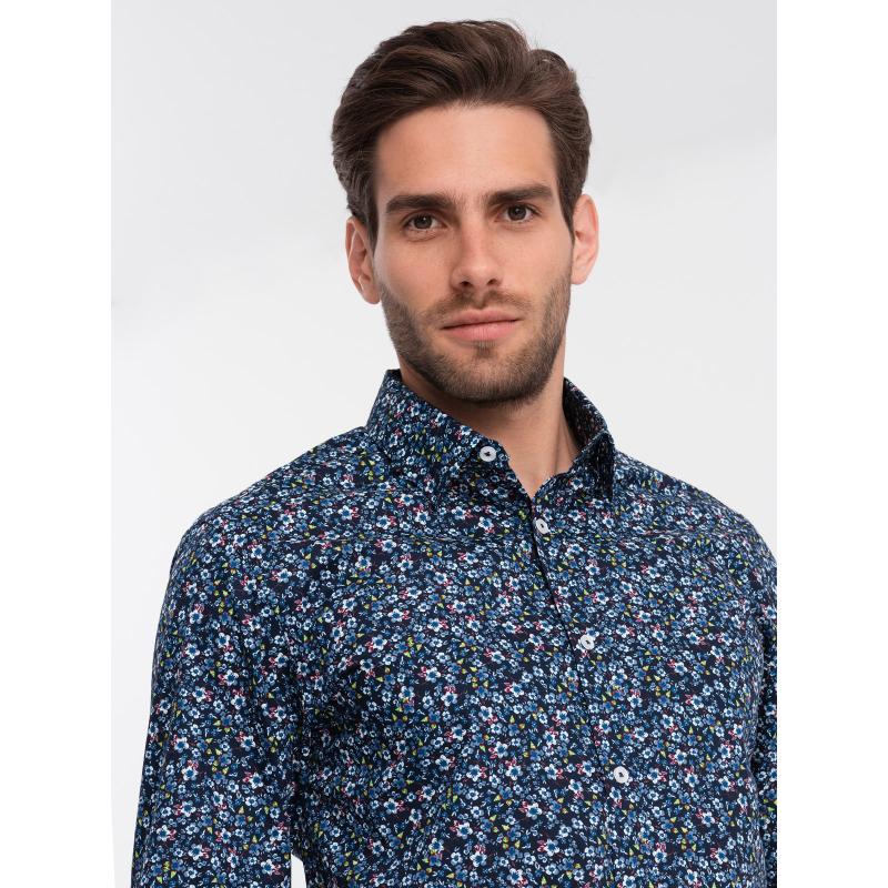 Férfi pamut SLIM FIT ing mintával sötétkék