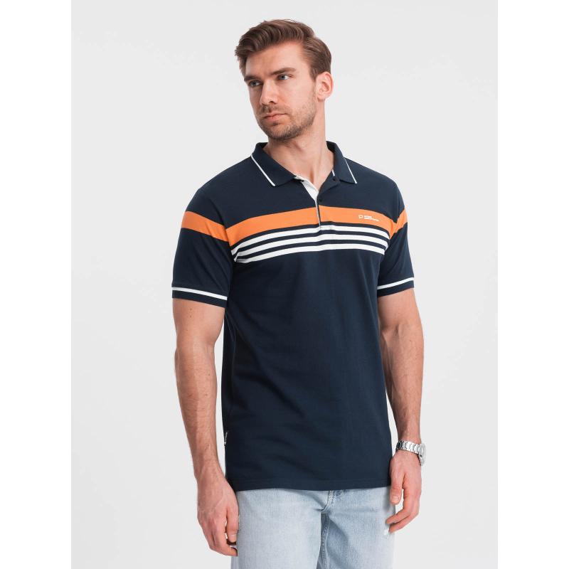 Férfi póló póló három színű csíkokkal sötétkék