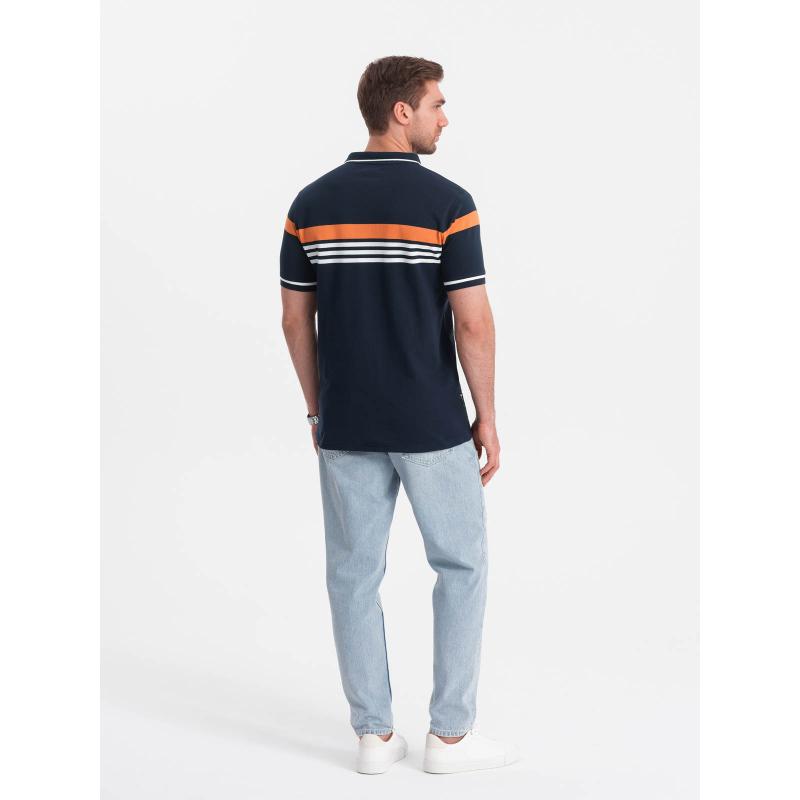 Férfi póló póló három színű csíkokkal sötétkék