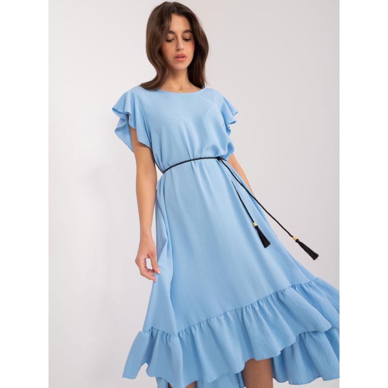 Dámské šaty s volánkovým lemem oversize světle modré 