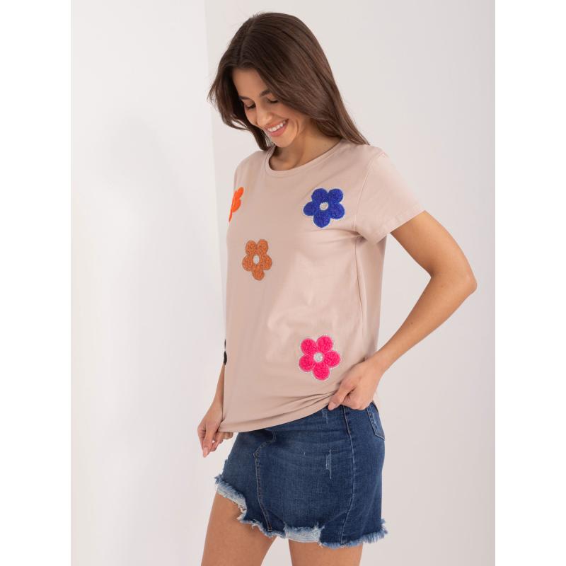 Dámské tričko s květinovou aplikací BASIC FEEL GOOD tmavě béžové