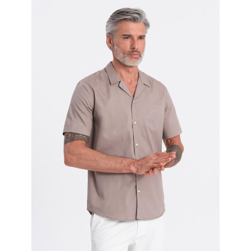 Pánska košeľa s krátkym rukávom a kubánskym golierom V3 OM-SHSS-0168 tmavobéžová