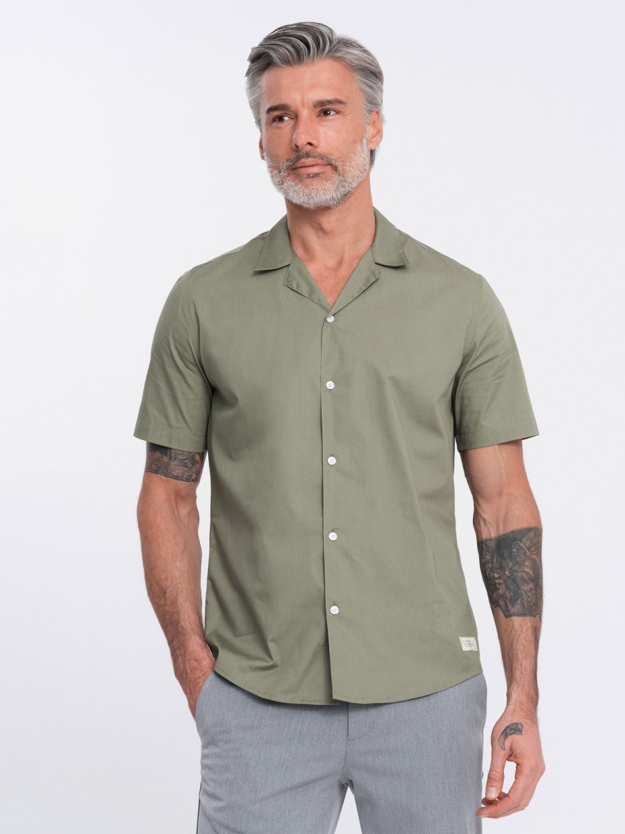 Pánska košeľa s krátkym rukávom a kubánskym golierom V4 OM-SHSS-0168 khaki
