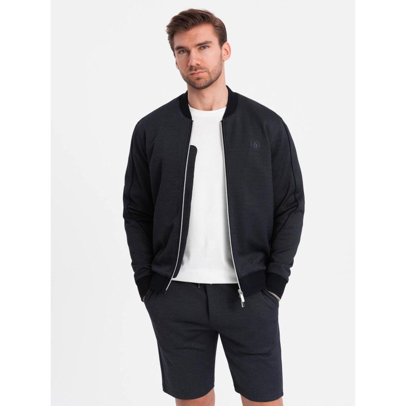 Pánský žakárový pletený komplet bunda + šortky V1 Z73 tmavě modrý 