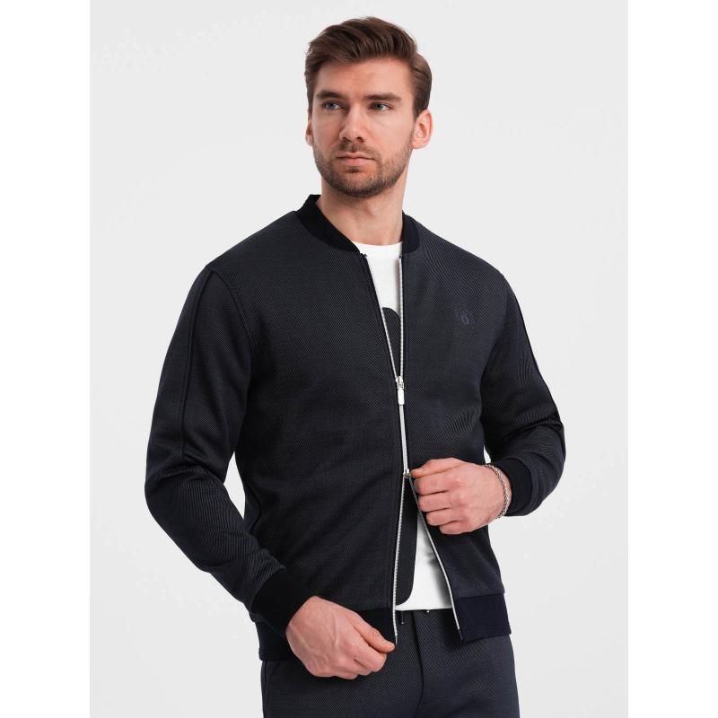 Pánský žakárový pletený komplet bunda + šortky V1 Z73 tmavě modrý 